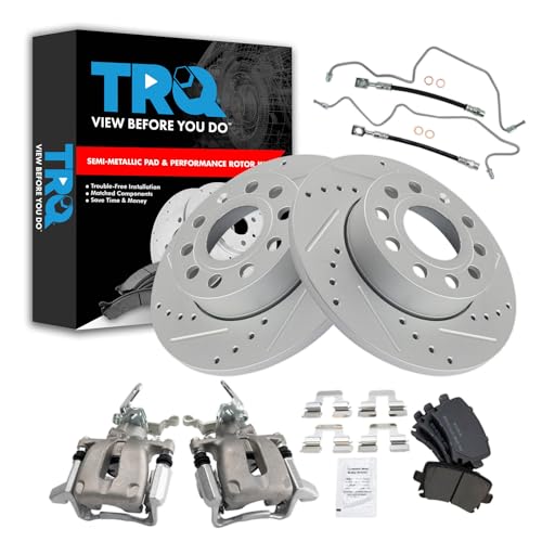 Image of TRQ Performance Rear Brake Pad and Rotor Set Semi Metallic Slotted Drilled 260mm Rotors Calipers Compatible with 2005 Volkswagen Jetta