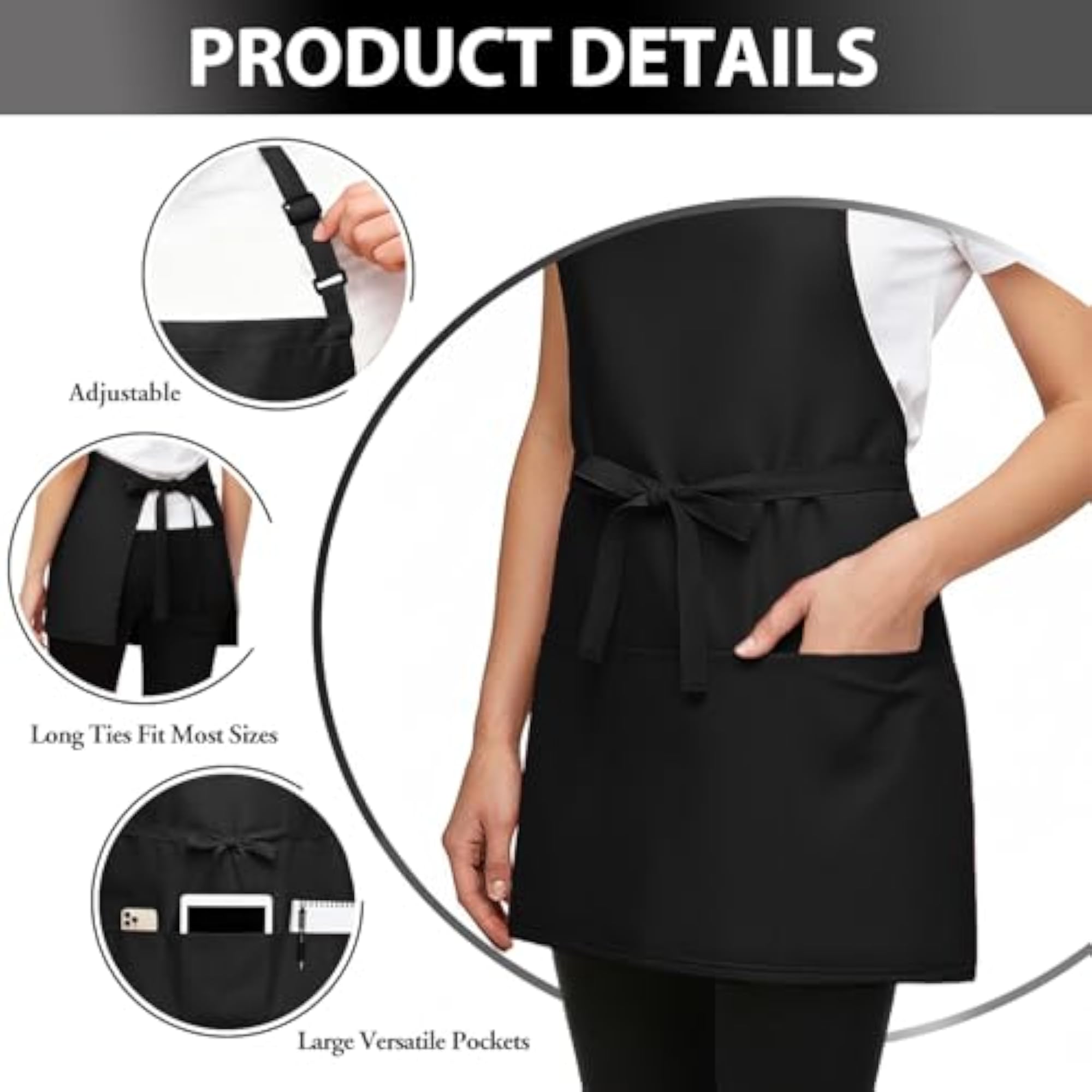 4 Pack Waitress Aprons with 3 Pockets, Black