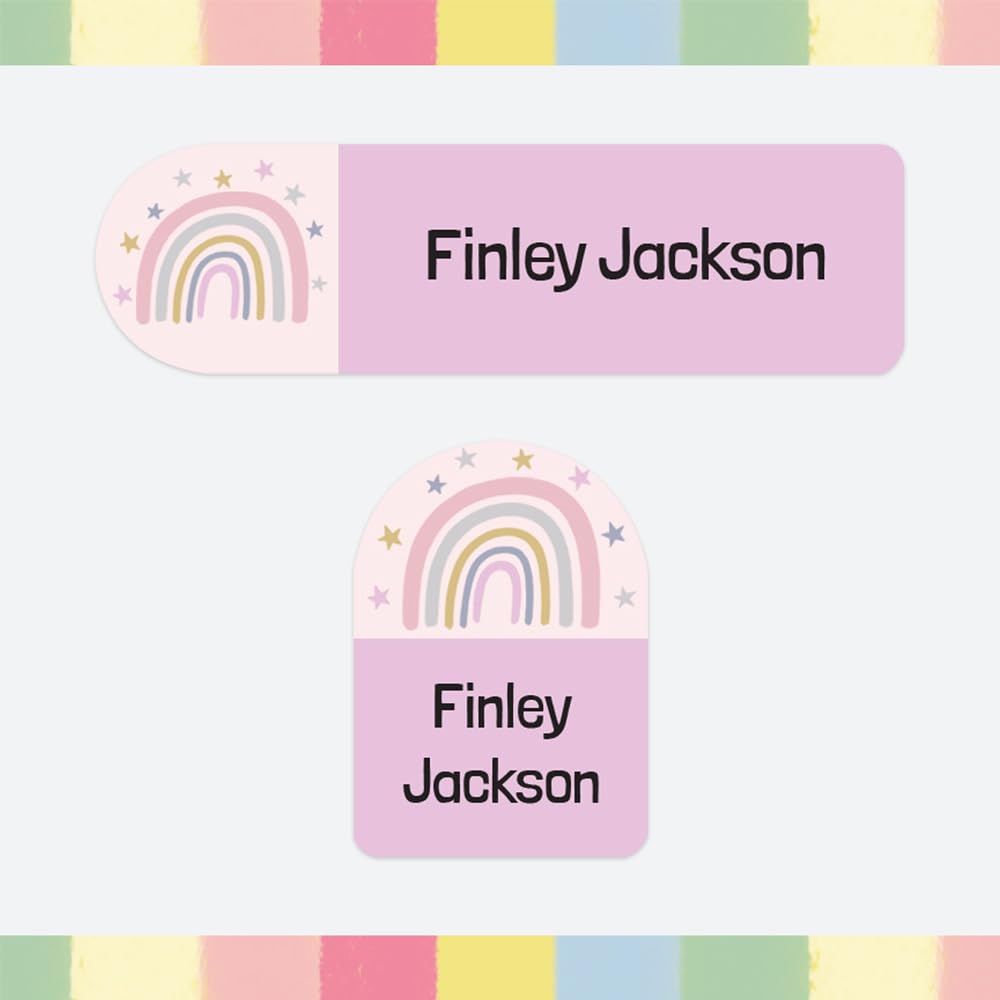 100 x Personalised Stick-On Waterproof Name Labels Pack of 2 Sizes for Clothes, Water Bottles, School Uniform, Equipment - Boho Rainbow (SFP)