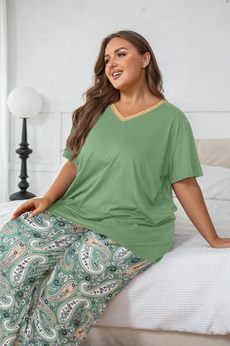 Image of Vozanet Women's Pajama Sets Short Sleeve with Long Pant Soft Sleepwear Printed pj Loungewear With TWO Pockets Size 1X to 5X