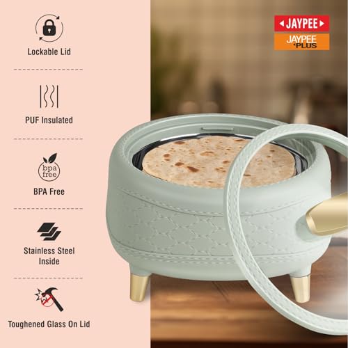 Image of JAYPEE Kingston Klass Stitched Leather Luxurious Outer & Inner Stainless Steel Casserole Set of 3 with Glass Lid(1500+2000+2500)ml PUF Insulated Serving casserole Set Roti Box Hot Box BPA Free,P.Green