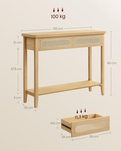 Mesa de consola para recibidor con 2 cajones mueble de entrada estrecho beige roble VASAGLE 4