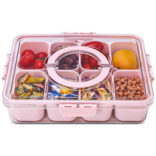 Divided Serving Tray with Lid and Handle - Portable Picnic Parties Snackle Box Veggie Tray - Fruit Storage Containers for Fridge Keep Fresh - Berry Candy Food Snack Organizer Travel (1)
