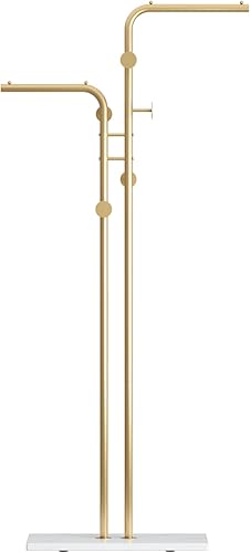 Miniatura 14 de TIEOU Perchero de metal, percheros dorados independientes con estantes y base de mármol, árbol de abrigo con 9 ganchos para bufandas, bolsas,
