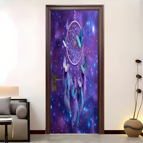 Image of 95x215 cm Peel and Stick Decor Art Doors Stickers 3D Fantasy Universe Dreamcatcher 3D Door Poster Decals,Vinyl Self-Adhesive Waterproof Door Murals Purple for Children's Room Bedroom Bathroom