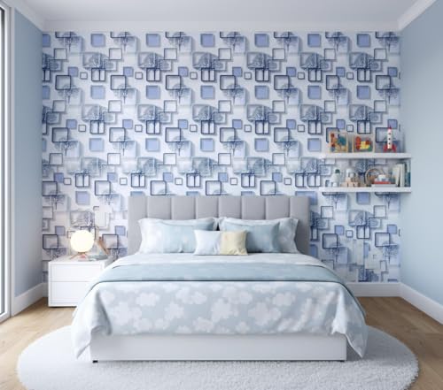 Image of 3D Frames Design Self-Adhesive Wallpaper 45x300cm | Decorative Vinyl Wall Sticker for Living Room, Bedroom & Hallway | Blue Cube Pattern DIY Wall Covering