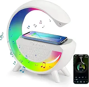 BKN G-Shaped 3 in 1 Bluetooth Speaker with FM Radio, RGB Light Table Lamp, Wireless Charger LED Smart Wake Up Light, 15W Wireless Charger Loud Speaker for Home Decoration, Bedroom & Gaming Room