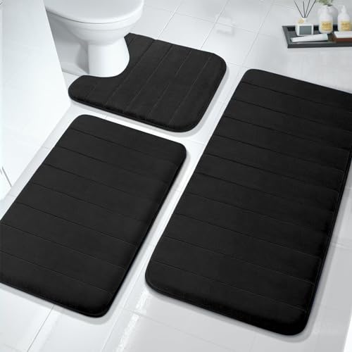 COCIVIVRE 3 Pieces Memory Foam Bath Mat Sets 19.7'x31.5' + 23.6'x15.7' and U-Shaped 23.6'x19.7' for Bathroom Rugs, Toilet Mats, Non-Slip, Water Absorption, Machine Washable, Black