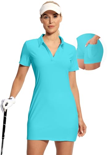 Image of Hiverlay Golf Dresses for Women with Shorts and Pockets, V-Neck Short Sleeve Tennis Dress, Workout Athletic Dresses