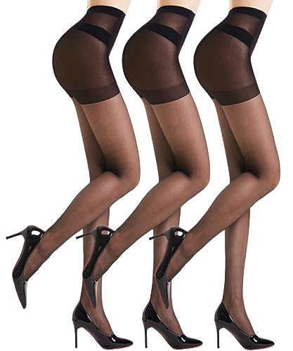 Image of Sheer Tights for Women - 20D Control Top Pantyhose Thin Stockings with Reinforced Toes (3 Pairs)