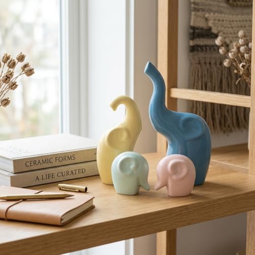 Image of Amazon Basics Playful Elephant Figurine Set for Home & Office Decor | Modern Pastel Animal Sculpture Showpieces for Living Room, Nursery, Shelf & Coffee Table Styling (Multicolor, Set of 4)