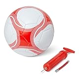 Amazon Basics Durable PVC Soccer Ball with Pump for Training and Practice, Indoor Outdoor Use, White and Red, Size 5