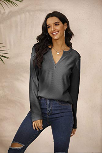 Image of Famulily Womens Long Sleeve Tshirt V Neck Loose Fit Soft Waffle Knit Thermal Tops