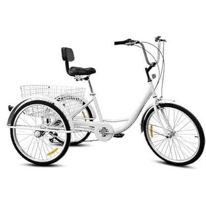 24-Zoll-Dreirad-Cruiser-Fahrrad mit großem Korb und Sitzrückenlehne für Erwachsene, Outdoor-Sportarten, Freizeit, Einkaufen, Picknicks, Übungen (weiß)