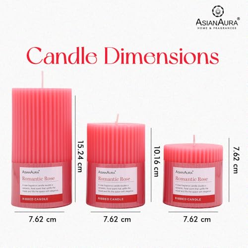 Image of ASIAN AURA Ribbed Pillar Candles - Pack of 3 | Scented Candles for Home Decor, Gifting & Festive Use | Long Burn time up to 36hrs | Clean-Burning Wax & Smokeless Flame (Romantic Rose)