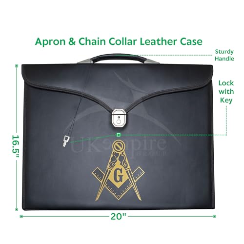 Image of Masonic Apron & Chain Collar Case Leather Master Mason (Printed) MM, Provincial Size - Freemason Carrying Bags (Gold)