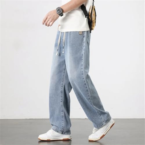 Men's Light Blue Relaxed Wide Leg Jeans Elastic Waist Straight Fit Summer Casual Pants3