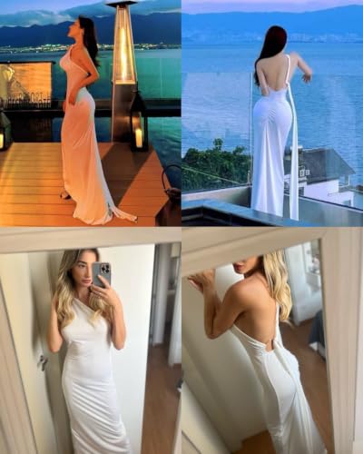 Image of Suillty Women's Sexy Oblique Shoulder Backless Maxi Dress Ruched Back Strap Sleeveless Party Club Long Dresses Bodycon