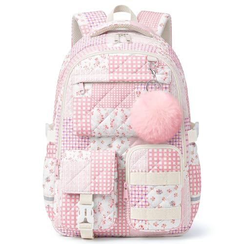 shiprabags Quilted Backpack for Teen Girls Cute Pink Patchwork School Backpack with Multi-Pocket Design Lightweight Cotton Bookbag Fits 15.6 Laptop Large Capacity Aesthetic Backpack with Plush Charm