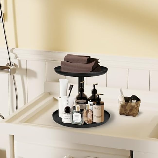 IBERG 2-Tier Metal Lazy Susan Organizer, Black, 9&10 - Modern, Rotating Spice Organizer for Kitchen & Pantry