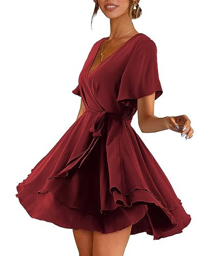 Image of Women Wrap Dress Casual Mini V Neck Fall Long Sleeve Wedding Guest Dresses with Belt