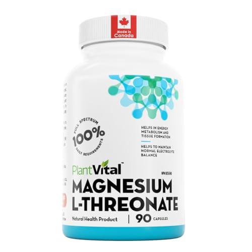 PlantVital Magnesium L-Threonate - Made in Canada - High Absorption Magnesium Supplement for Energy, Bone and Muscle Support – 90 Capsules