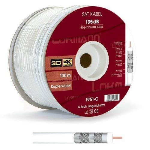 Lokmann 135dB Vollkupfer 7mm SAT Koaxial Antennenkabel 5-Fach 4K 8K UHD Weiss 100 Meter