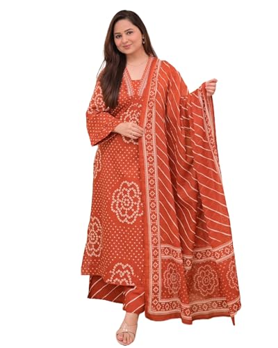 Image of Klosia Women Pure Cotton Kurta Pant Set with Dupatta | Bandhani Print Kurta Sets for Women | Comfortable Suit Sets|Regular Fit