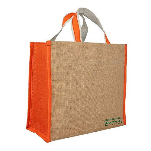 Image of DOUBLE R BAGS Big Heavy Duty Eco Reusable Jute Cloth Shopping Bag with 6 Pockets & Reinforced Handles | Grocery, Milk, Fruits & Vegetable Carry Organizer Tote | Orange, 45x17x35 cm, 1 Compartment