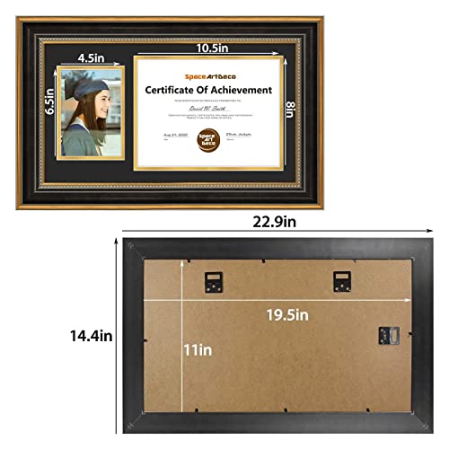 Space Art Deco, 11X19.5 Diploma Frame With Black Over Gold Double Mat For 8.5X11 Documents And One 5X7 Picture, Shatter-Resistant Glass Sawtooth Hangers Wall Mount Display (Ornate Gold Black) #TOP4