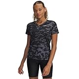 Collo a V Under Armour T-shirt da donna con scollo a V a maniche corte con stampa Velocity, (002) Nero / / Argento metallizzato, XS