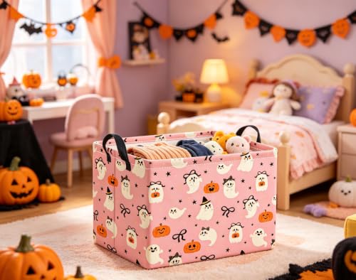 Image of Halloween Basket Cute Baskets for Kids Pumpkin Basket Rectangular Storage Bin Organizer Box Room Decor(Bowknot Ghost)