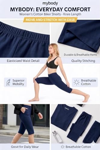 Image of mybody Women's Cotton Knee Length Cycling Shorts | Stretchable Breathable Biker Gym Yoga Workout Shorts | Mid Waist Athletic Fit