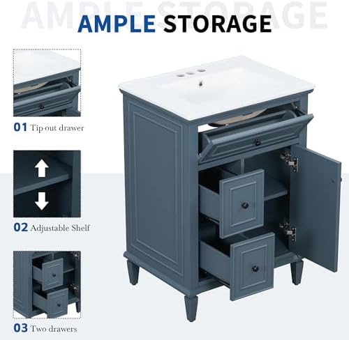 Harper & Bright Designs 24" Bathroom Vanity with Sink, Free Standing Single Basin Vanity Set with Tip-Out Drawer, 2 Drawers, and One Door, Storage Cabinet with Ceramic Basin for Bathroom, Blue Grey - 4