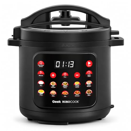 Image of Geek Robocook Nexa V6 Automatic Electric Pressure Cooker | 12 Indian Menus | SenseTouch Display | Rice, Biryani, Dal, & More | SafeClamp 360 10-Layer Safety | Stainless Steel Pot (6 Litre | Black)
