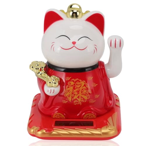 HERCHR Gato Que Agita, Gato De La Suerte De La Fortuna, Gato Sonriente con Brazo Que Agita con Energía Solar, Adorno De Gato De La Suerte, Adorno De Gato De Bienvenida Chino (Rojo)