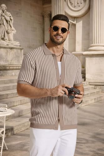 Image of COOFANDY Mens Knit Button Down Shirts Short Sleeve Polo Shirt Vintage Striped Casual Shirts