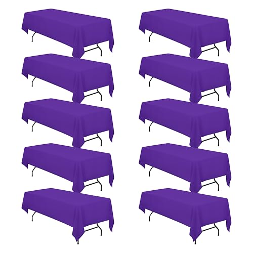 Image of BRILLMAX 10 Pack Purple Tablecloths 60x126 Inch for 8ft Rectangle Tables | 150 GSM Polyester Fabric, 15 inch Standard Drop, Water, Stain & Wrinkle Resistant Cloth Cover for Wedding Reception Banquet Party