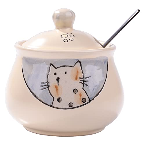 LMRLCS Ceramic Sugar Bowl with Lid and Spoon, 11.8 OZ Porcelain Spice Jar