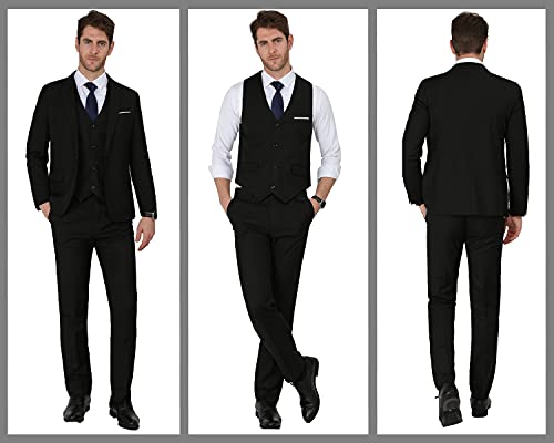 Mage Male Men's 3 Pieces Suit Elegant Solid One Button Slim Fit Single Breasted Party Blazer Vest Pants Set. Black #TOP4