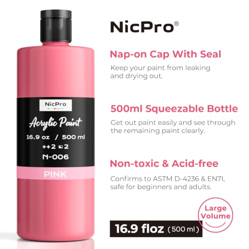 Image of Nicpro Pink Large Acrylic Paint (16.9 oz, 500 ml), Rich Pigments, Non Toxic