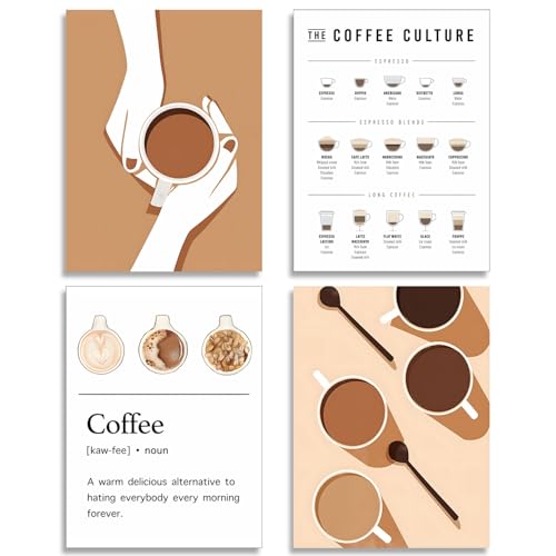 Image of NCYEL 4pcs Modern Minimalist Coffee Wall Art Kitchen Coffee Shop Pictures Simple Home Decor Aesthetic Posters Neutral Brown and Beige Bar Decor 12x16 Inch