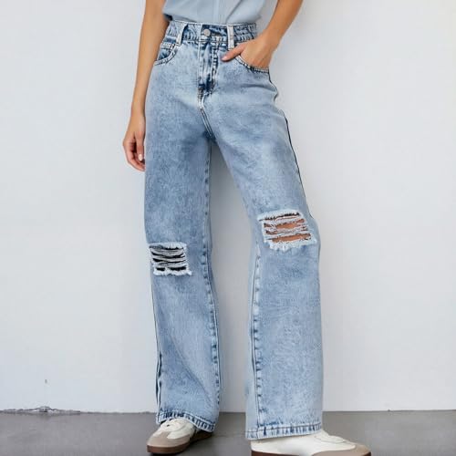 Girls Ripped Jeans Distressed Denim Cotton Baggy Pants Straight Wide Leg Lightweight Comfortable High Waist for 8-14Y3