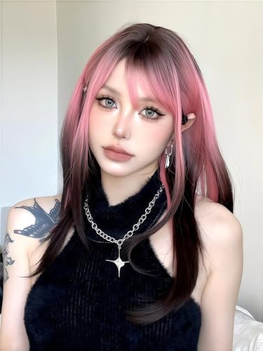Aadesso Half-Pink Half-Black Long Straight Wig 65cm Blunt Bangs Daily Synthetic Hair for Women East Asian Fashion K-pop Style Two-Tone Heat Resistant wig cap (25.6 Inch)