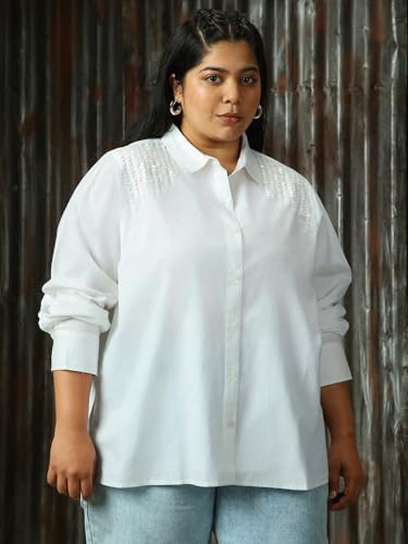 Image of High Star Women Solid Cotton Oversized Fit Collar Long Sleeve Shirts 76