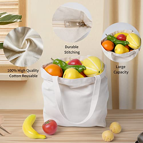 Acoavo Canvas Tote Bags With Zipper 4 Pcs Bulk Tote Bags With Handle 13.3 × 15.7 Inch Large Reusable Shopping Cloth Bags For Groceries Foldable, Washable Unbleached Grocery Tote Bag White #TOP2