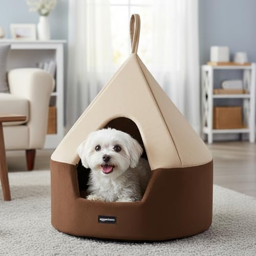 Image of Amazon Basics Pet Bed Cave | Soft & Warm Indoor Tent Bed for Cats, Kittens & Small Dogs | Foldable with Removable Cushion | Light Taupe & Coffee | Diameter 45 cm, Height 45 cm
