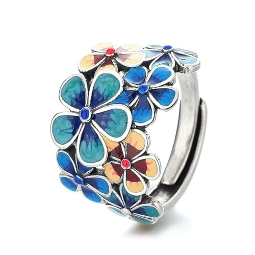 fycouyee Bague fleur en émail bleu femmes vintage ethnique ouverture réglable créatif