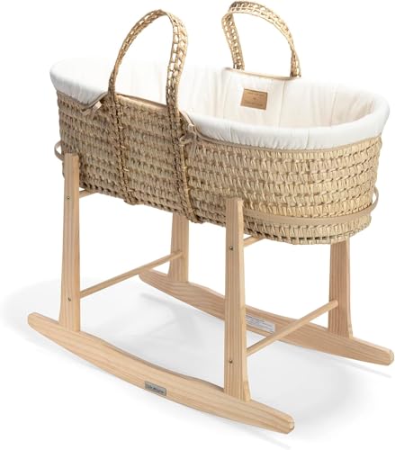 Image of Clair de Lune Organic Palm Moses Basket with Natural Rocking Stand, Award Winning Baby Bassinet 75 x 28 cm