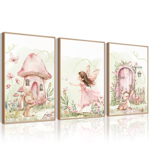 Image of Fairy Girl Nursery Wall Art Magic Canvas Wall Decor Fairy Garden Poster Fantasy Nursery Prints Fairytale Butterfly Flower Pictures Bunny Deer Painting Artwork for Girls Bedroom 12x16x3 Inch Unframed